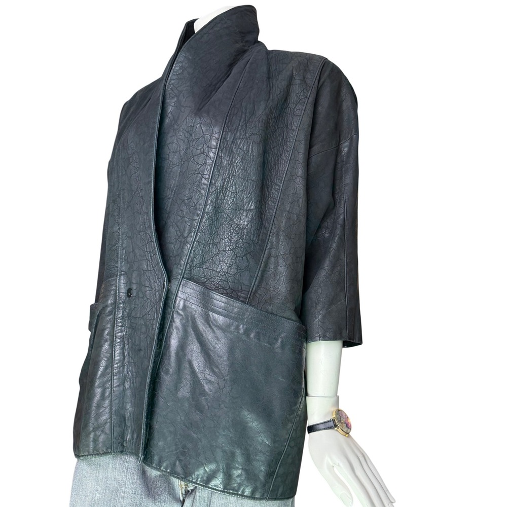 Vintage 80's Black Leather Jacket Shawl Collar 3/4 Sleeve Huge Front Pockets L